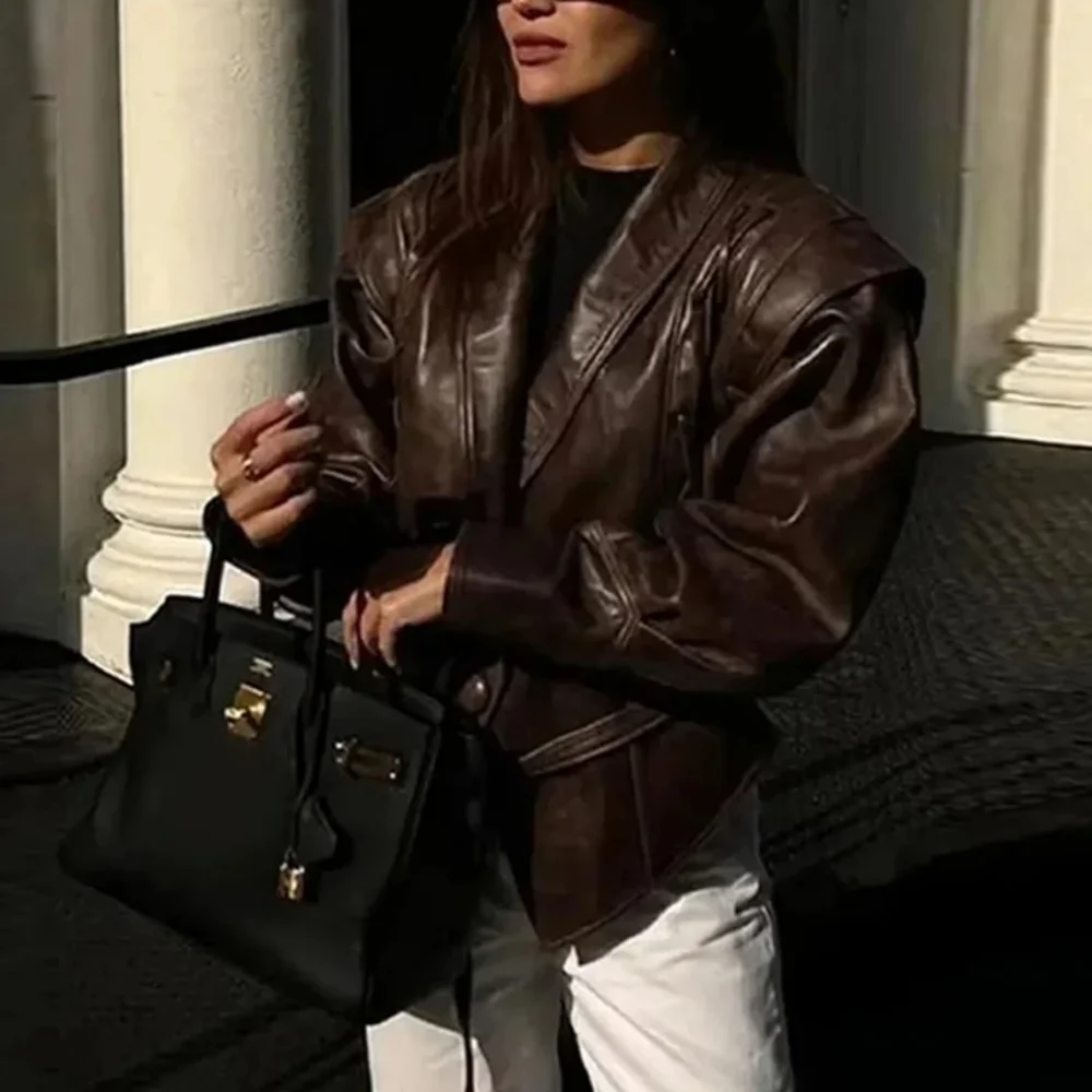 Faux Leather Brown Women Jackets 2024 Belt Lace Up Lapel Female Coat Vintage - Picture 5 of 8
